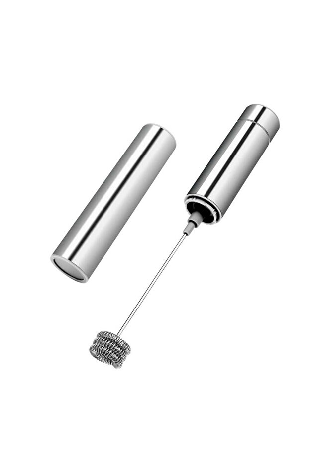 Stainless steel electric milk frother with three-layer spring cord, handheld espresso mixer with lid, suitable for home use.