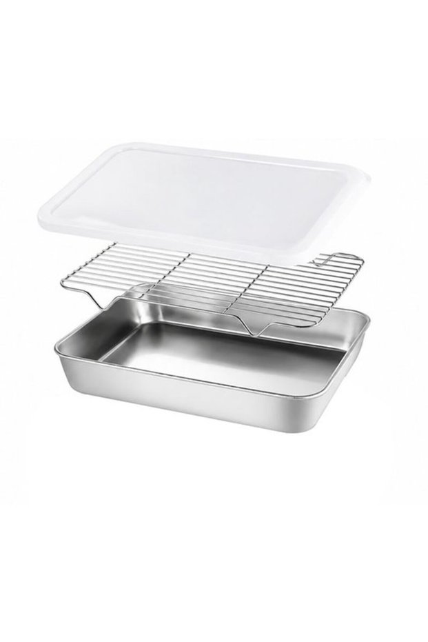 Stainless Steel Cooking Bowl with Mesh Cover, Lid & Cooling Rack Set, Dishwasher Safe (23x17x5cm)