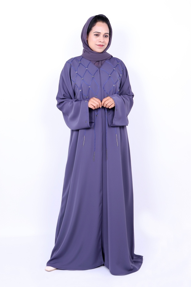 Elegant Dusty Purple Embroidered Abaya with Geometric Lattice Detailing