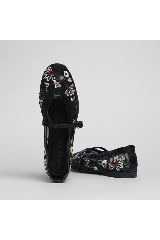 Flower Embroidered Black Tulle Mary Jane Ballerinas