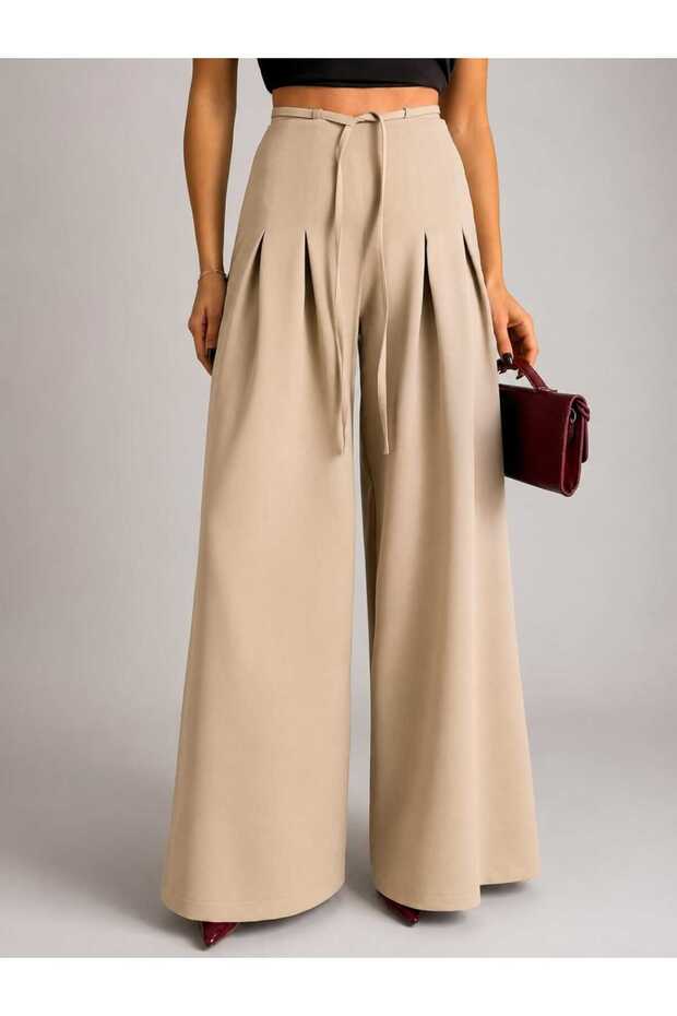Women's High Waist Belted Detailed Pleated Wide Leg Loose-Fitting Trousers