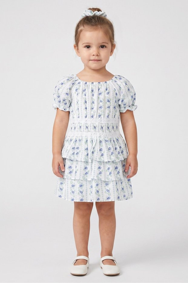 Toddlers Girl 2 Pieces Floral Print Dress With Scrunchies, Multicolor