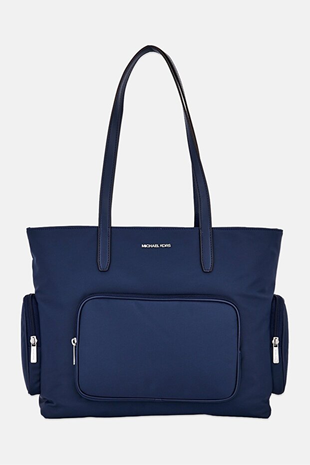 Women Khai Nylon Brand Logo Shoulder Bag, Navy Blue