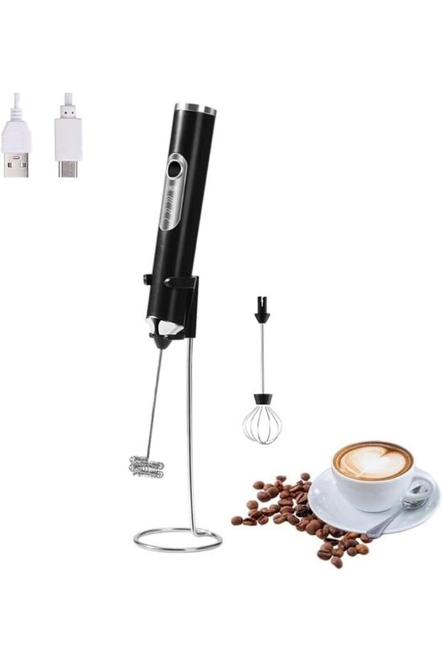 Portable USB Rechargeable 3-Speed Electric Milk Frother with Stand (Black)