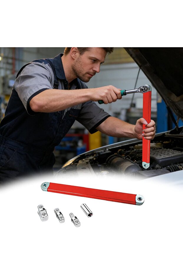 15-Inch Red Offset Ratchet Extension Wrench Set Short Shank Car Repair Tool