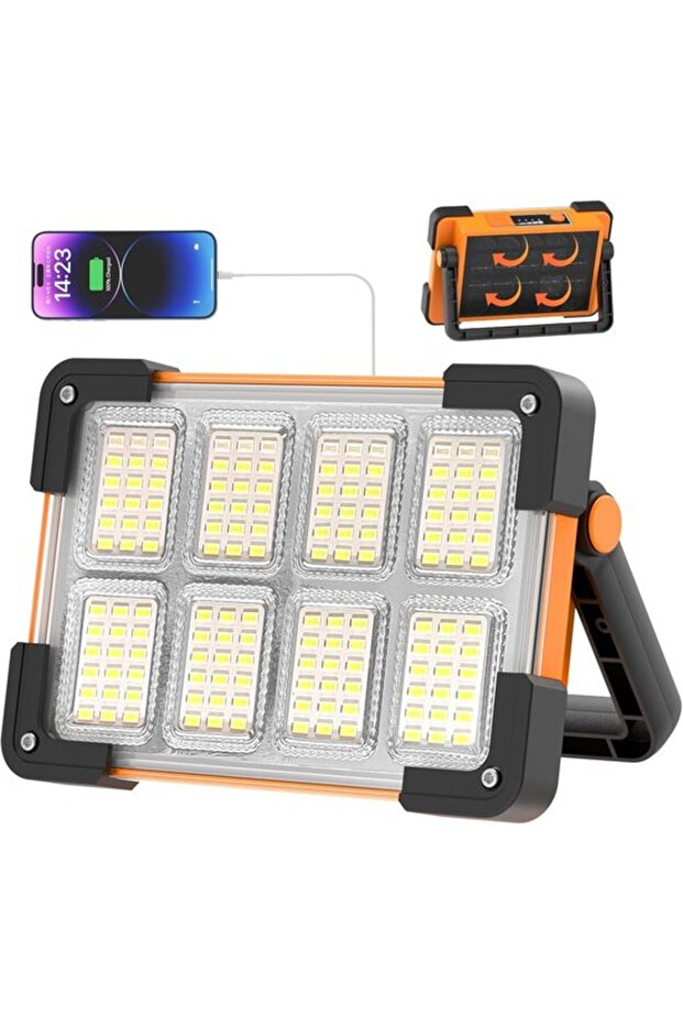 Solar & USB Rechargeable Portable LED Work Light, waterproof 4-mode floodlight for job sites & camping.