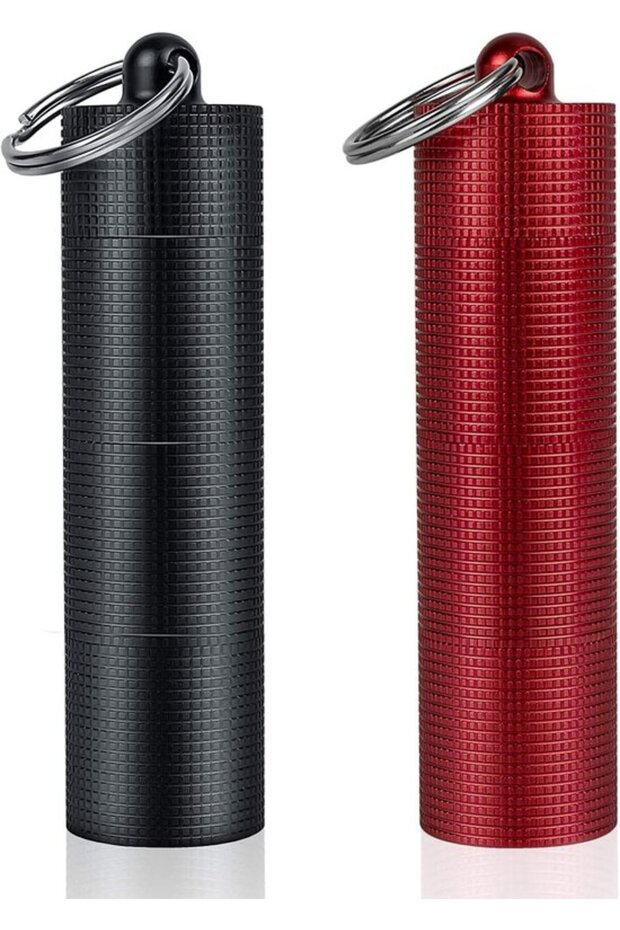 2 PIECES Portable Daily Pill Box Keychain - 3 Compartment Aluminum Alloy Waterproof Pill Box Dispenser - Small Pocket Pill Container - Black/Red