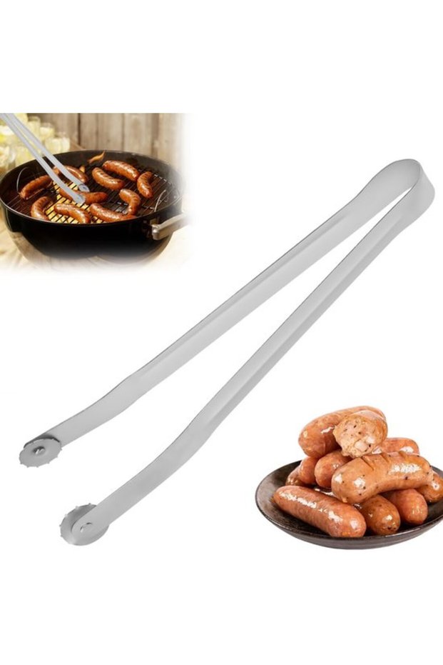 BBQ Sausage Turning Tongs - Stainless Steel - Kitchen Cooking - Grilling - Unique Design - Efficient Turning - Grill Tongs