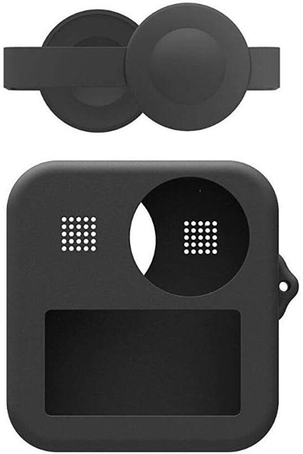 Silicone camera housing, soft protective case with lens cap, and adjustable camera body strap.