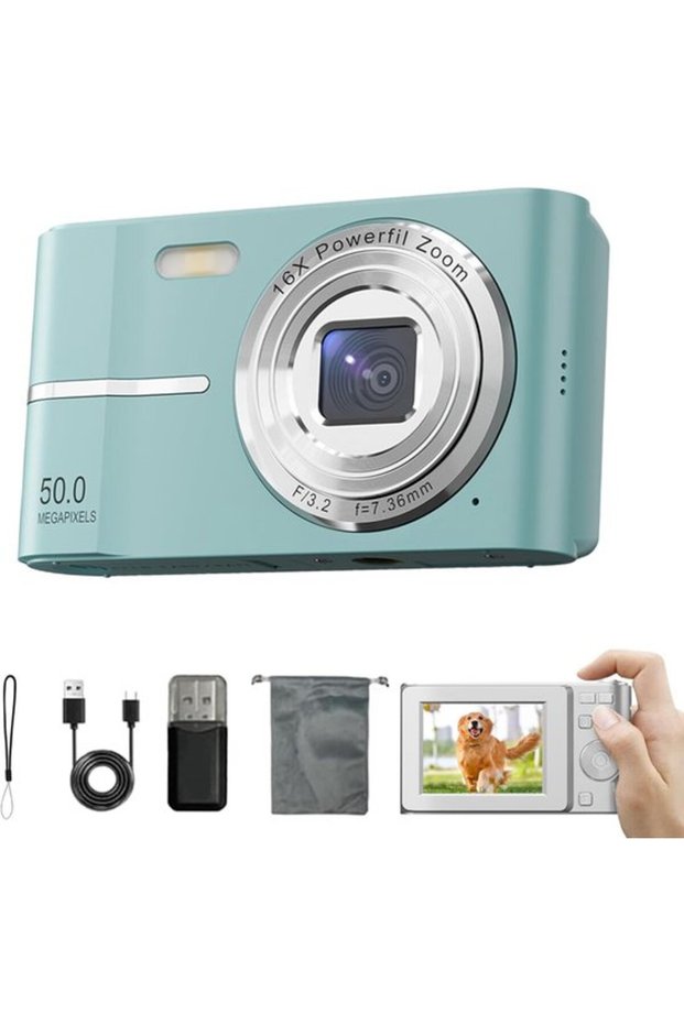 Aesthetic 2000s Digital Camera - FHD 1080p Compact Camera, 16x Zoom 50 MP, 2.4-Inch LCD, Autofocus, with 32 GB Card (Green)