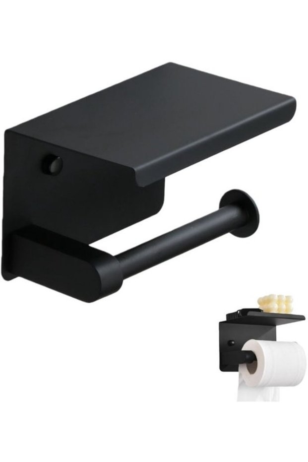Toilet paper holder with shelf, bathroom towel rack, stainless steel, black 14x10x10cm