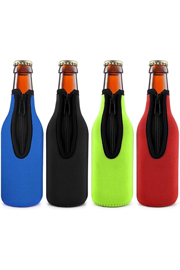 Four insulated bottle sleeves for beer, zippered design. Keeps beer ice-cold, with bound edges and a sealed bottom.
