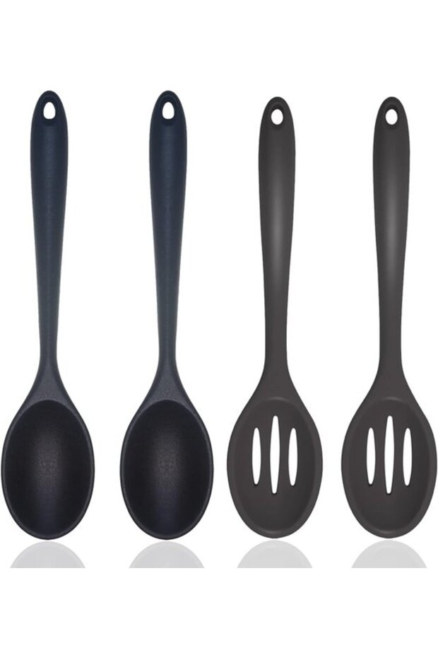 Cooking Spoons - 4-Pack Non-Stick Heat-Resistant Silicone Mixing Spoons - 20.3x4.5 cm - Black