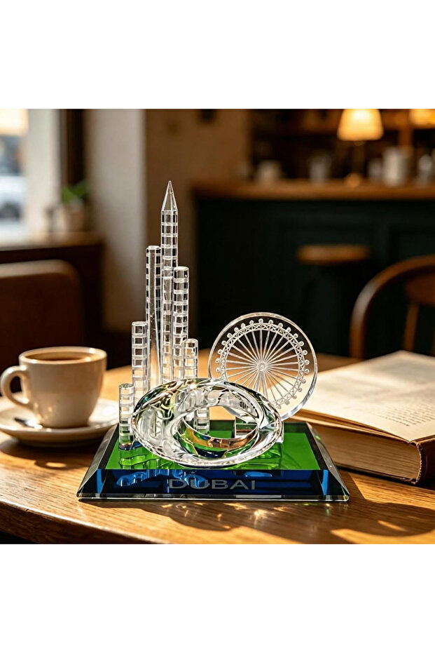 Dubai Crystal Glass Landmark Ornament, Desk Centerpiece for Home & Office. Featuring Skyscraper, Wheel & Modern Ring Design. Premium Clear Art Sculpture, Ideal Decor & Souvenir Gift.