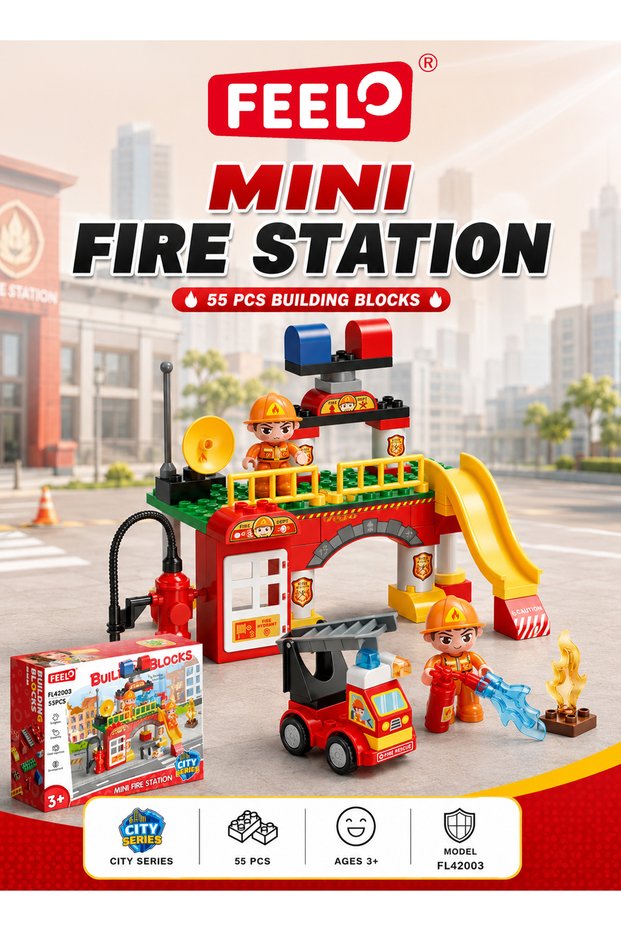 Mini Fire Station Building Blocks Set, 55 Pieces, FL42003 City Series with Fire Rescue Truck, 2 Firefighter Figures, Adjustable Ladder, Slide and Rescue Accessories, Ages 3+