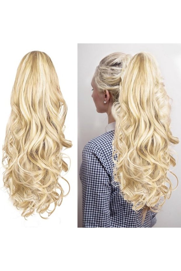 Women's long wavy ponytail wig with claw clips, medium gold highlights, suitable for parties and everyday wear.
