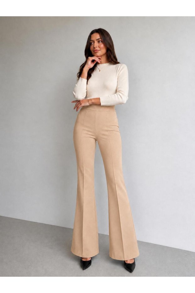 Women's Beige High Waist Ribbed Stitched Spanish Flare Scuba Crepe Gathering Trousers