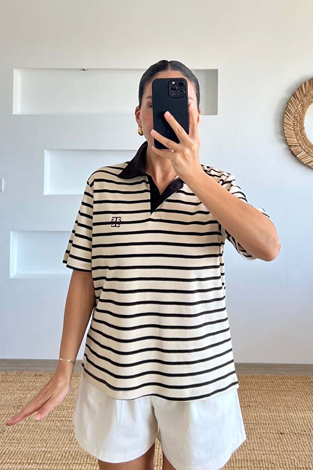 Brown Striped Polo Collar Tshirt