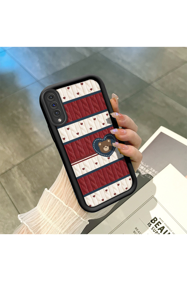 Samsung Galaxy A50/A50S/A30S Compatible Cute Bear Protective Case, Mix of Plaid and Lines