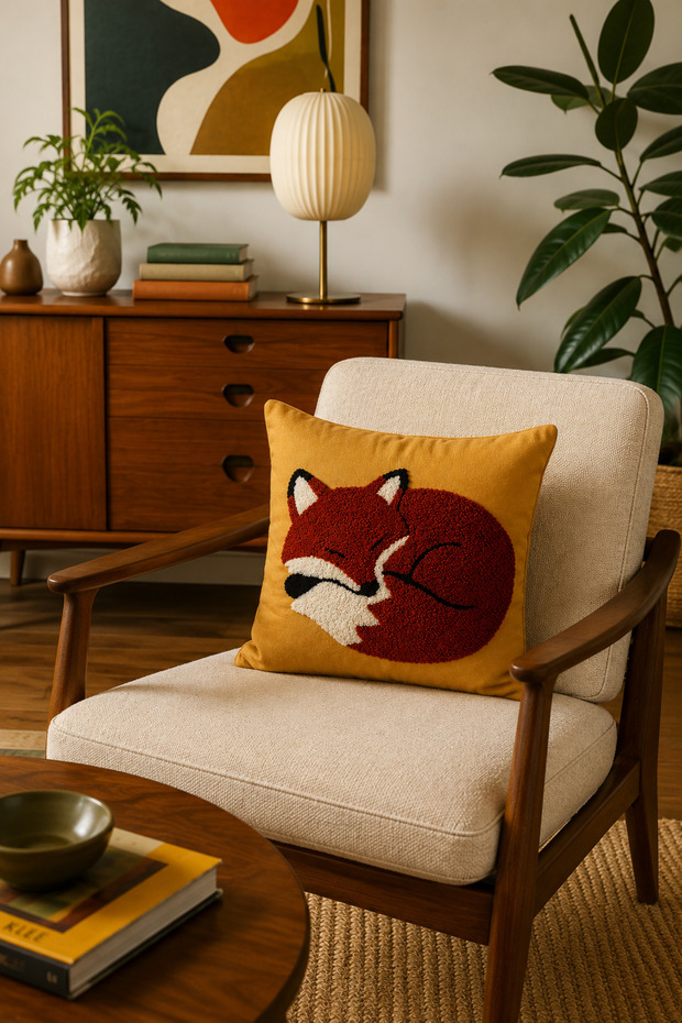 Punch Embroidered Throw Pillow Cover - 43*43 cm - Fox - Pnk001