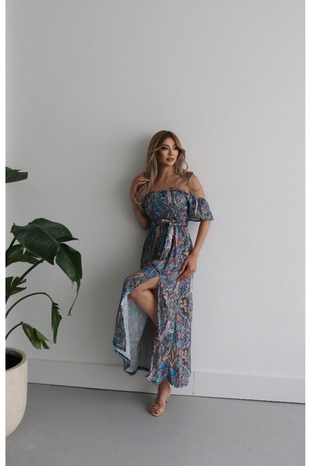Women's Short Sleeve Madonna Collar Ruffled Waist Slit Maxi Single Jersey Dress