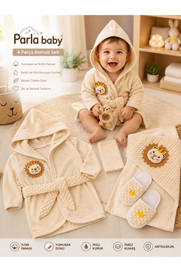 Baby Bathrobe Set 4 Pieces 100% Cotton Hooded Rabbit Embroidered 0-2 Years Old