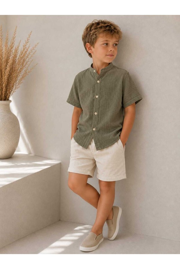 Organic Muslin Boys' Short Sleeve Court Collar Bohemian Shirt