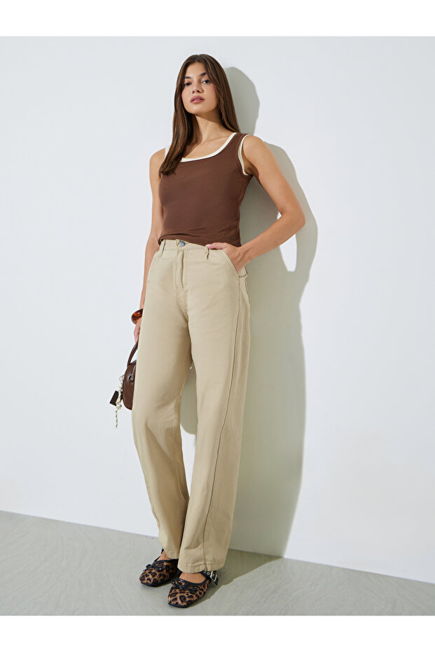Beige Solid Wide Leg Pants with Side Pockets