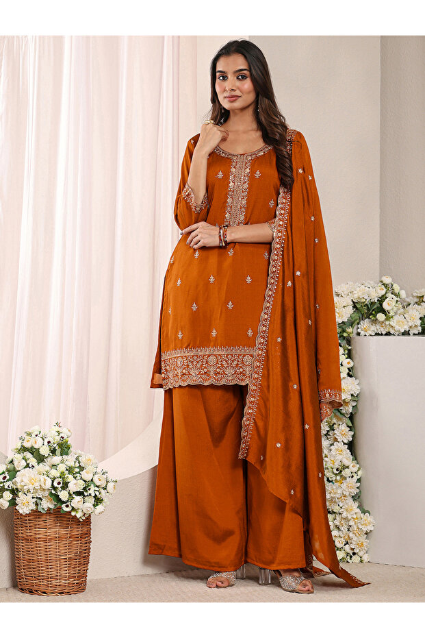 Rust Embroidered Silk Blend Straight Kurta, Palazzo And Dupatta Set