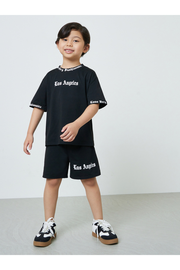 Boys Black Slogan Print T-Shirt and Shorts Set