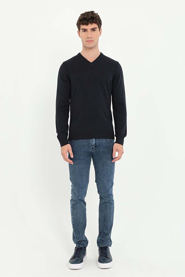 Men's Slim Fit V-Neck Navy Blue Knitwear