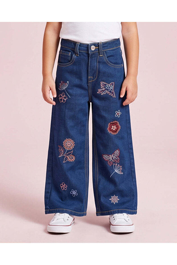 Girls Dark Blue Embroidered Wide Leg Jeans