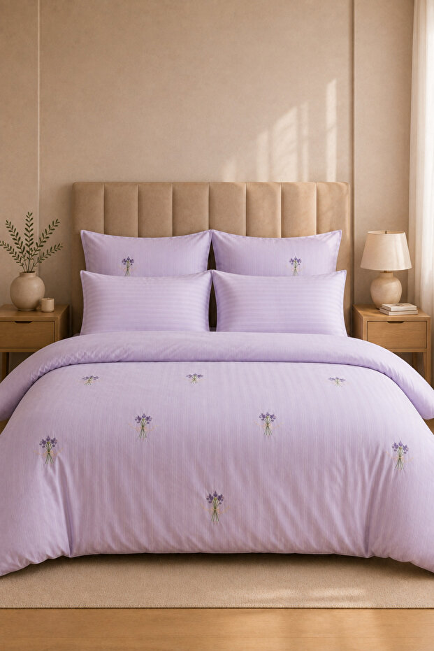 100% Cotton Satin Double Embroidered Duvet Cover Set (Duvet Cover, Bed Sheet, 2 Pillowcases, 2 Throw Pillow Covers)