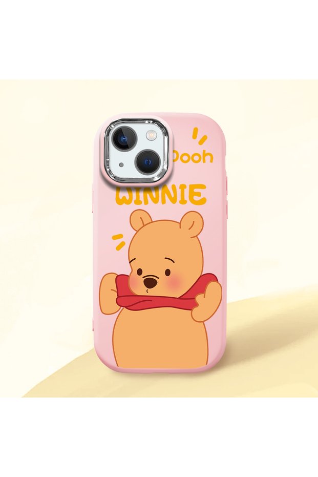 iPhone 13 Mini Compatible Case Camera Protector Pink Silicone Couple Phone Case with Bear Pattern