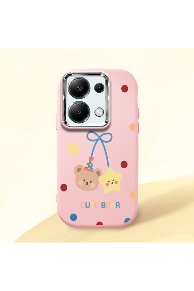 Poco M6 Pro 4g Compatible Case Camera Protector Pink Silicone Couple Phone Case with Bear Pattern