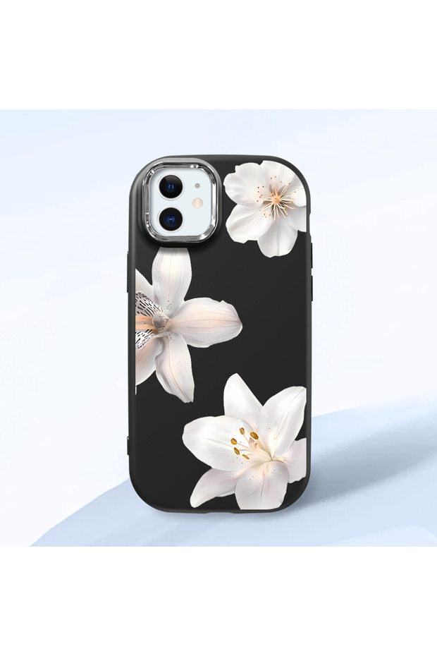 iPhone 12 Mini Compatible Case Camera Protector Black Silicone Couple Phone Case with Floral Pattern