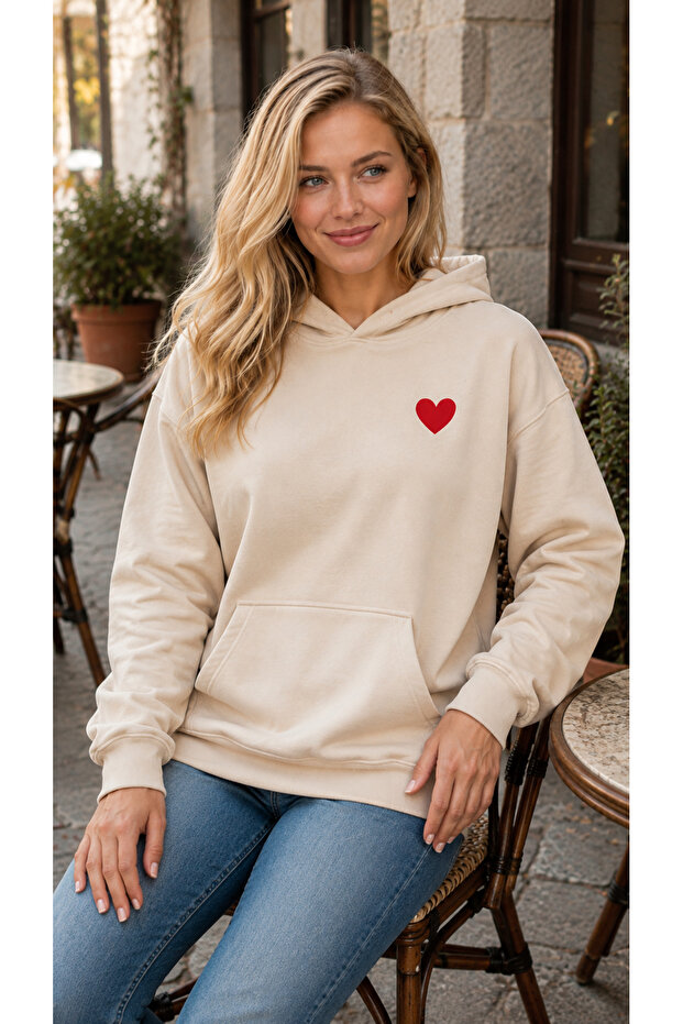 Women's Small Red Heart Printed Hooded Sweatshirt with Kangaroo Pocket