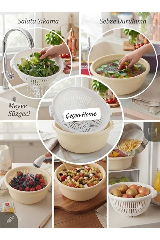 33 cm Wide Multi-Purpose Colander Bowl - Double Layer Perforated Vegetable Washer, Salad Drainer, Legume Rinser, Pasta Strainer, and Practical Kitchen Storage Container