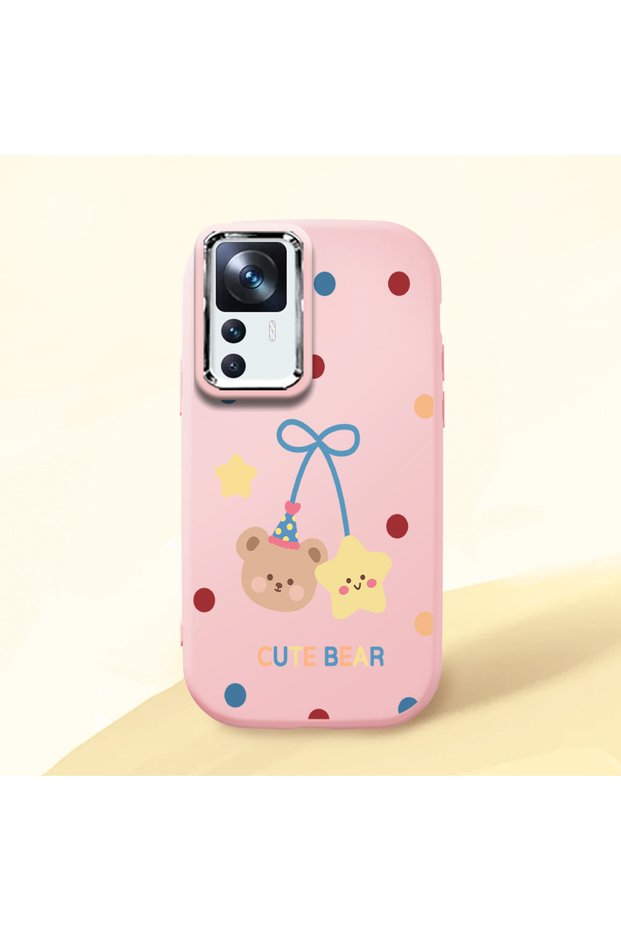 Mi 12t Compatible Case Camera Protector Pink Silicone Couple Phone Case with Bear Pattern