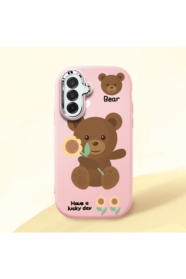 Samsung Galaxy A26 Compatible Case Camera Protector Pink Silicone Couple Phone Case with Bear Pattern
