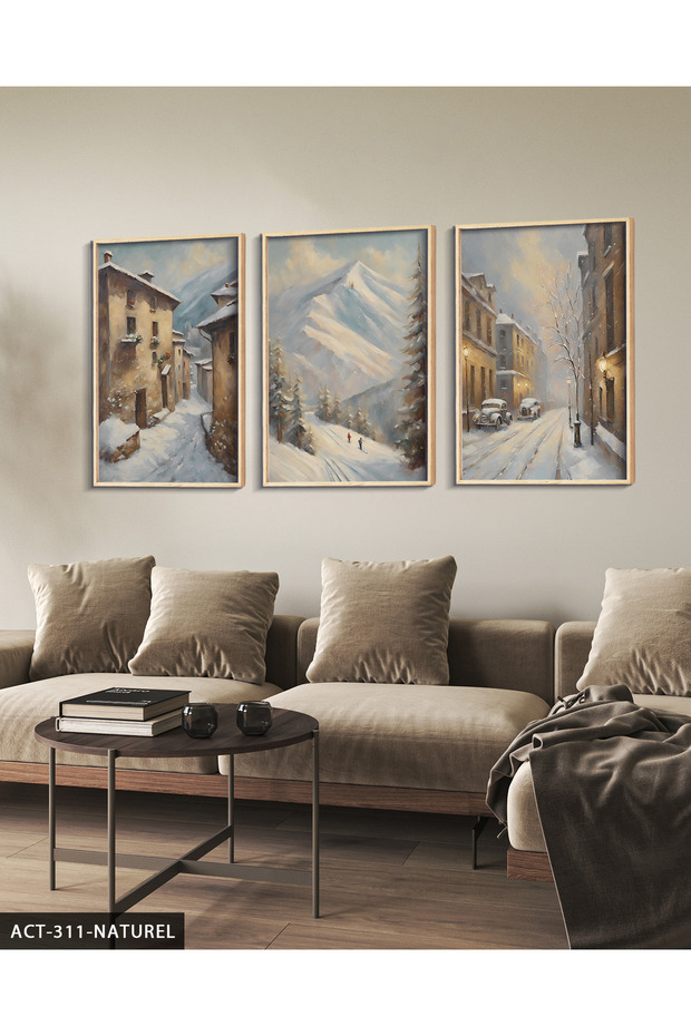 Snowy Street 3 Piece Wooden Framed Painting Act