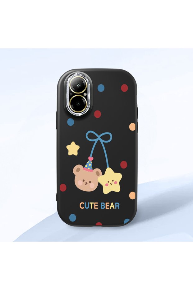 Realme 12 Lite Compatible Case Camera Protector Black Silicone Couple Phone Case with Bear Pattern