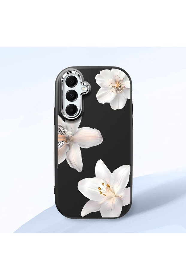Samsung Galaxy A16 Compatible Case Camera Protector Black Silicone Couple Phone Case with Floral Pattern