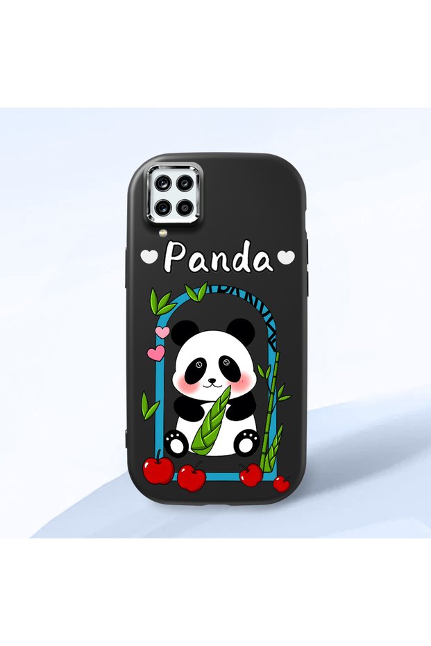 Samsung Galaxy A12 Compatible Case Camera Protector Black Silicone Couple Phone Case Panda Pattern