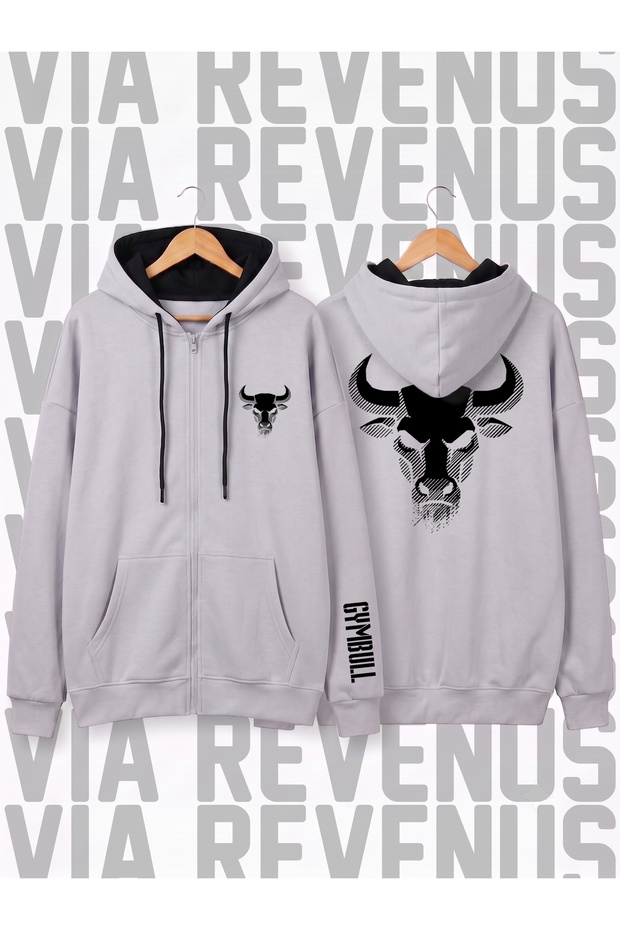 Gym Bull Front Back and Sleeve Printed Unisex Zipper Hooded Sweatshirt Cardigan
