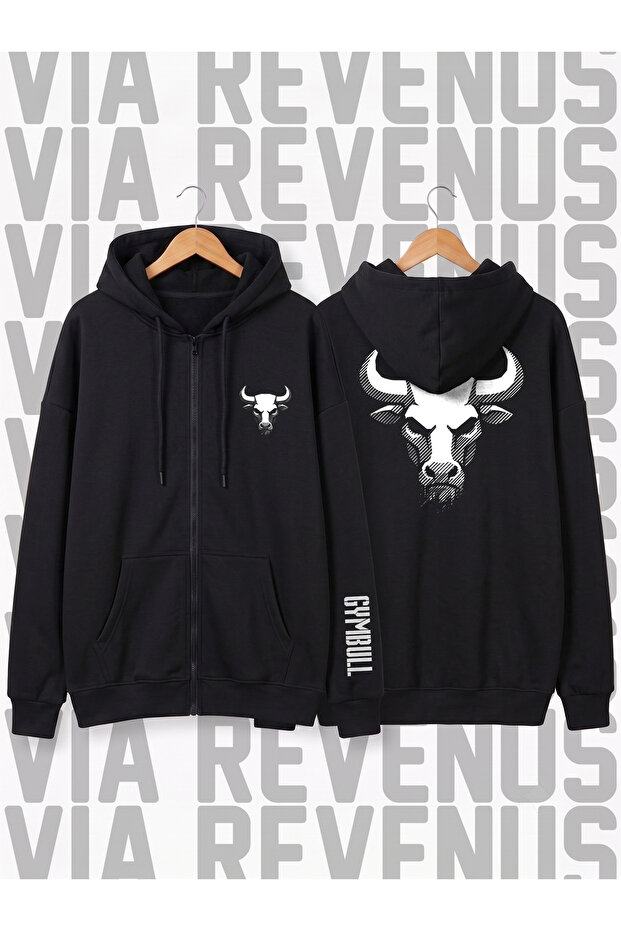 Gym Bull Front Back and Sleeve Printed Unisex Zipper Hooded Sweatshirt Cardigan