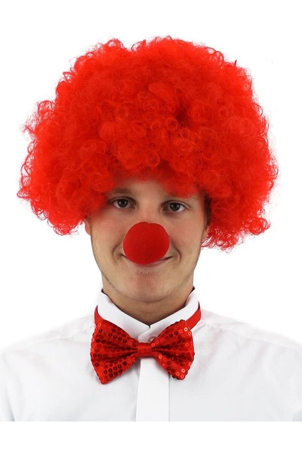 Red Color Curly Afro Bonus Wig Fake Hair and Red Nose Set