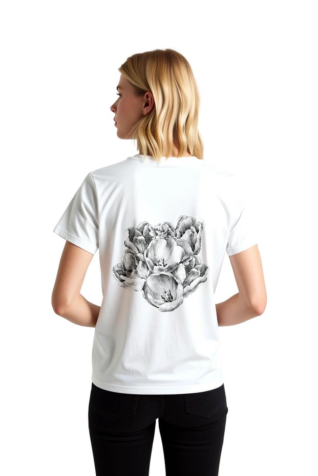 Women's Floral Printed T-Shirt Hand Drawn Tulip Pattern in Sketch Style Relaxed Fit Cotton Casual Modern