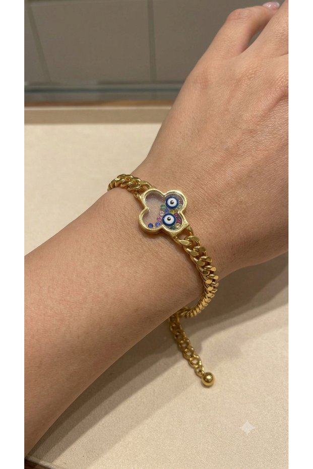 Gold Color Four-Leaf Clover Evil Eye Beaded Steel Bracelet