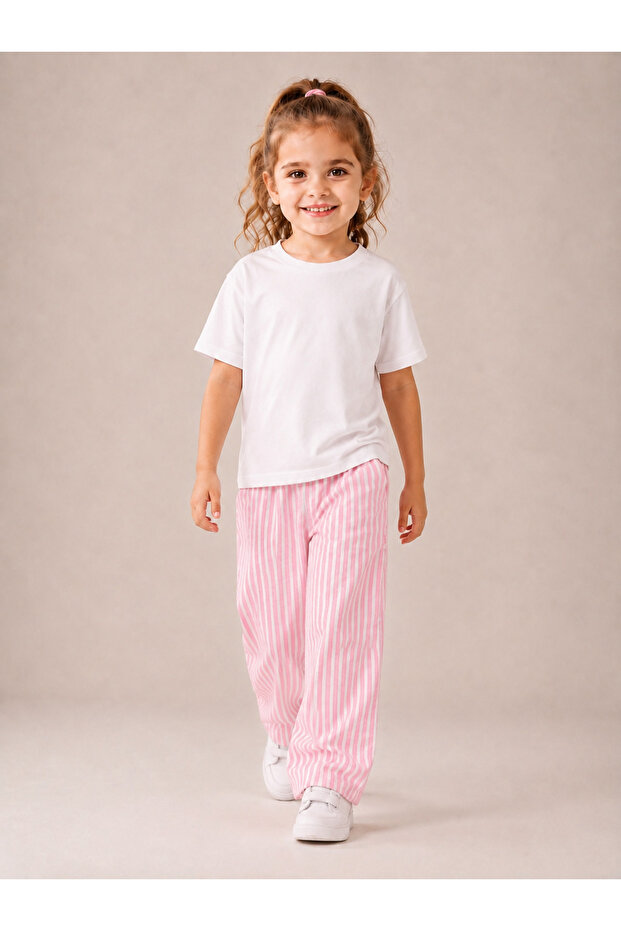 Girl's Pink and White Striped Wide-Leg Comfortable Pants